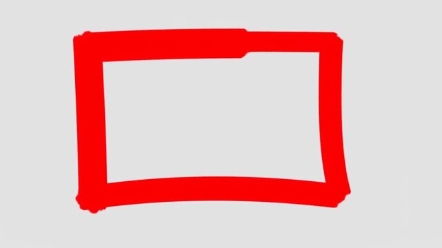 Static shot of red brush stroke progressively drawing and filling square frame on white background in minimal studio setting, step by step illustration