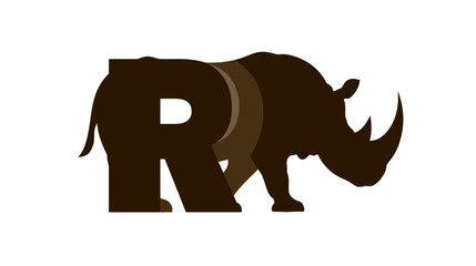 Fototapeta premium Creative brown rhinoceros silhouette with embedded 'Rh' letters, modern flat vector animal icon design on white background