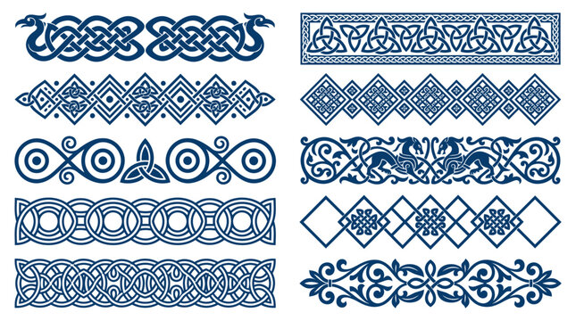 Collection of blue Celtic knotwork border patterns with ethnic Norse animal ornaments on white background, symbolizing cultural heritage and illustrating decorative graphic design projects
