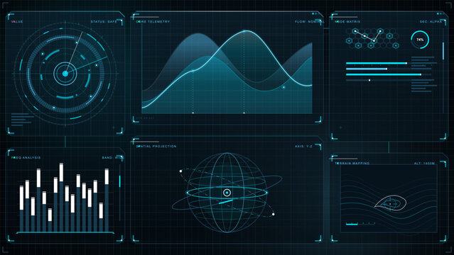 Futuristic HUD analytics dashboard with radar scan, telemetry graph, node matrix, bar chart, spatial globe and terrain mapping on dark grid.