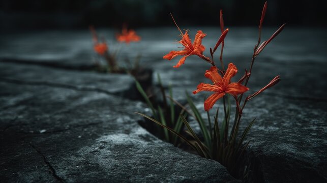Bright orange blossoms emerge vibrantly from a deep fissure in dark, cracked stone.