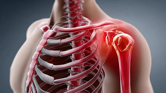 Shoulder Pain Anatomy: A detailed anatomical illustration depicts the human shoulder joint, highlighting pain in the rotator cuff and surrounding bones, indicating injury or inflammation.