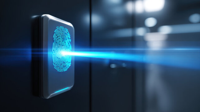 Fingerprint scanner access control security system biometric reader office door electronic lock authentication device protected entrance blue light modern technology