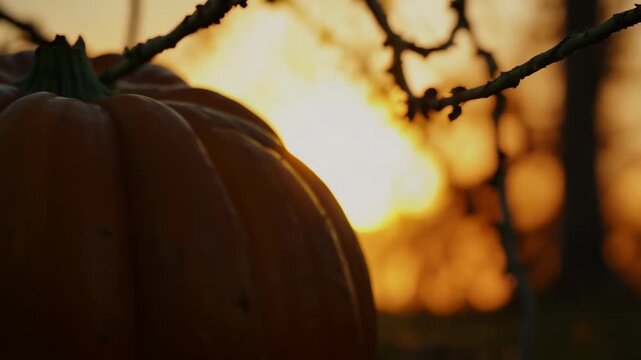 Close-up of a large orange pumpkin illuminated by sunset light, showcasing its texture and shape against a blurred background of branches and warm colors