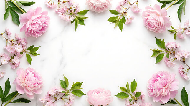 Pink flowers and green leaves on a white marble background border