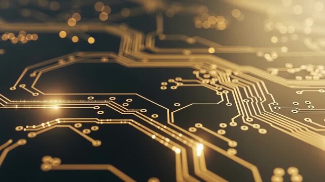 Technology - Gold Circuit Board with Glowing Data Flow Lines Close Up 3D Animation on Dark Background