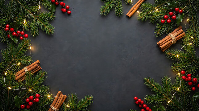 Christmas border with pine branches and cinnamon on dark background