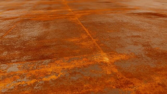 Slow dolly forward shot of rusted steel plate revealing textured corrosion and flaking on industrial floor interior workshop plant