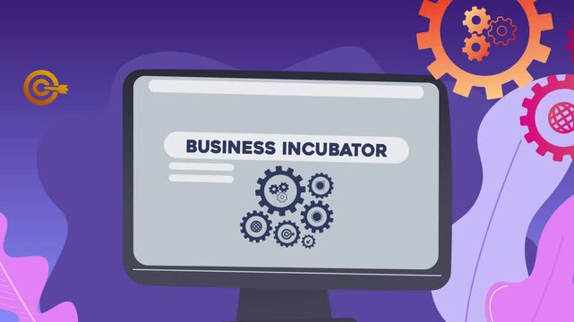 A computer screen displaying the text &ldquo;Business Incubator&rdquo; and illustrations of gears