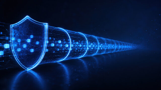 Abstract blue digital background with glowing binary code, light motion waves, and energetic technology space illustration with bright neon texture and dark blue glow pattern