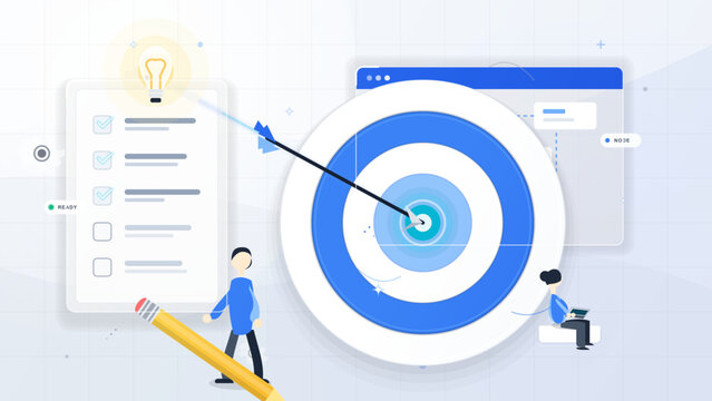Business goal achievement illustration with dart hitting blue target, checklist panel, pencil, light bulb, and team figures on grid background