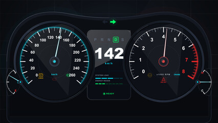 Fototapeta premium Dark futuristic car dashboard interface with speedometer, tachometer, gear display, fuel gauge and neon indicators in vector style on grid background