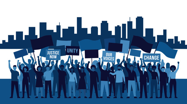 Silhouettes of a diverse crowd holding protest signs and flags against a city skyline backdrop in shades of blue, symbolizing human rights advocacy and Expressing social justice movements