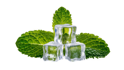 Isolated three realistic melting ice cubes with fresh green mint leaves for cool summer drinks © Cian