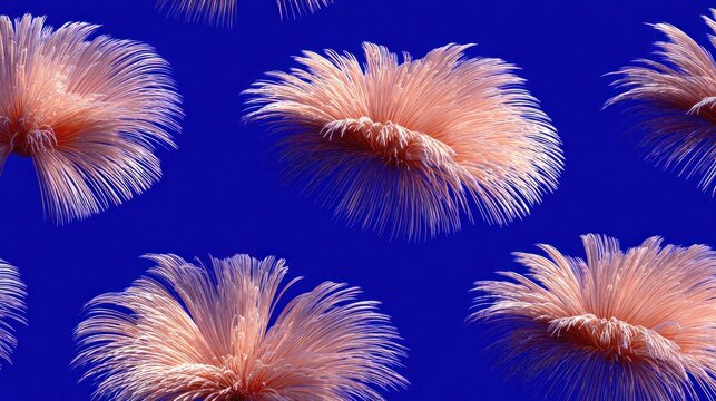Repeating pattern features soft, feathery organic shapes set against a vibrant royal blue background