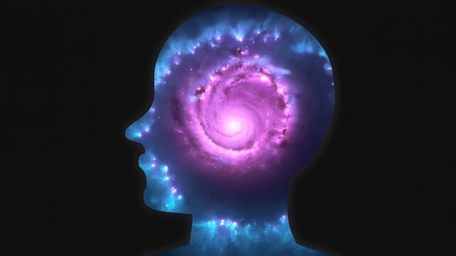 Slow zoom tracking shot of human head silhouette containing swirling pink and blue galaxy vortex rotating inside against black background, animated surreal inner space visualization