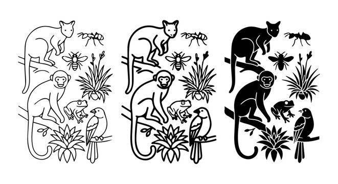 Monkey icon set, outline, solid, silhouette, white background, vector illustration
