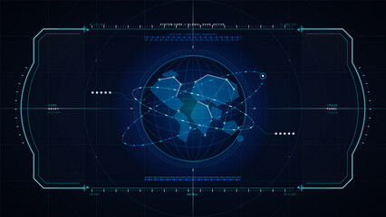 Futuristic global scan HUD interface with neon cyan globe, orbit paths, data nodes, digital frame, and abstract dark technology background. © Антон Сальников