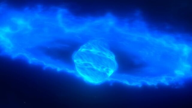 Tracking shot of glowing plasma sphere drifting along luminous nebula stream in deep outer space with camera pulling back to reveal surrounding interstellar cloud