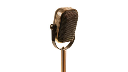 Fototapeta premium Isolated vintage microphone with gold details on a stand, retro audio recording equipment