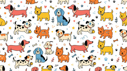 Fototapeta premium Cute Cartoon Dog Seamless Pattern with Playful Puppies Pet Characters and Colorful Doodle Background Design