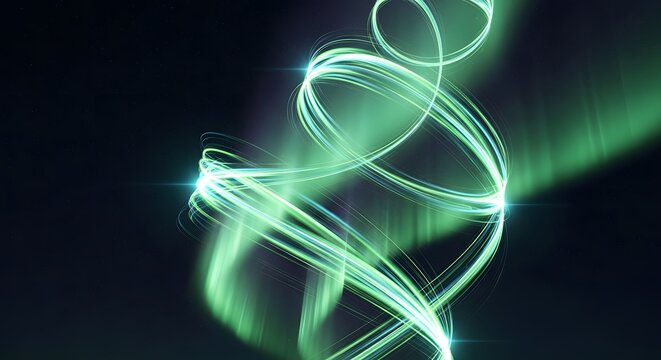 Abstract green aurora light trails spiraling in night sky.