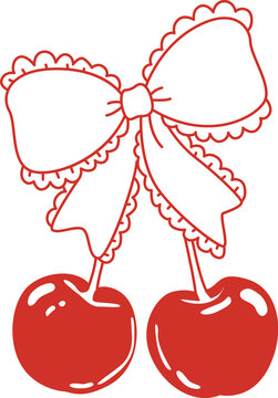 Cherry Pair With Ribbon Bow Line Art