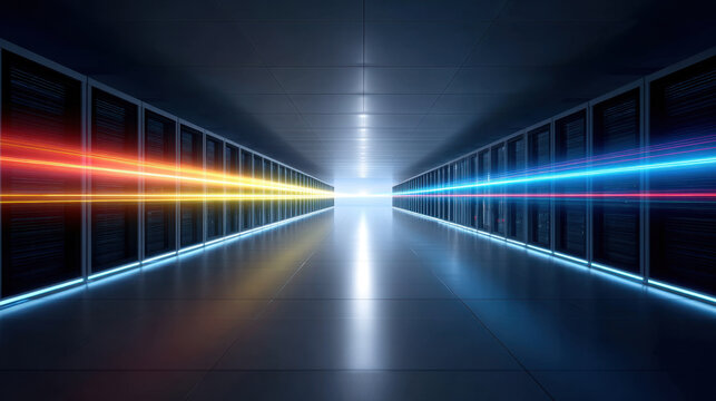 Data center corridor server rack light trail futuristic tunnel blue glow dark interior symmetrical perspective empty hallway technology infrastructure digital network long aisle reflective floor