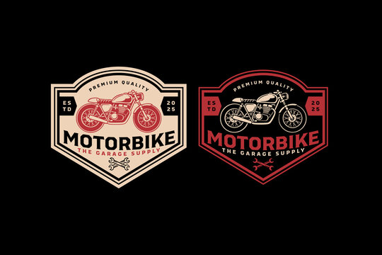 Cafe racer motorcycle retro badge logo set for motorsport. Classic motorbike with crossed wrench vintage patch symbol pack for garage. Roadster bike hand drawn emblem element designs for workshop