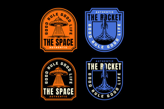 UFO and rocket retro badge logo set for space exploration. Flying saucer and spacecraft vintage patch symbol pack for cosmic sci fi. Alien spacecraft and rocket hand drawn emblem elements for galaxy