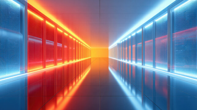 Data corridor neon light symmetrical tunnel futuristic hall reflective floor server room empty corridor blue light red light orange glow