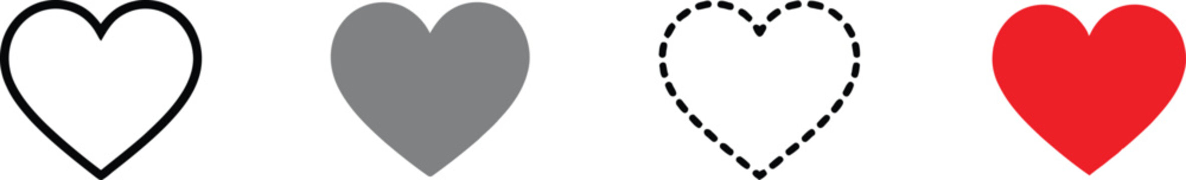 Set of four different heart shape icons with outline solid dashed and red styles