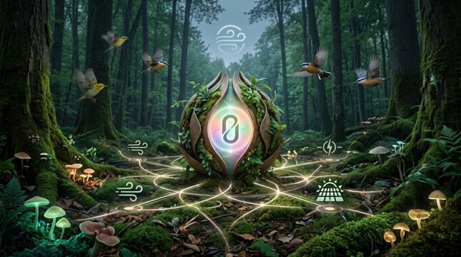 Mystical glowing portal in enchanted forest with magical symbols, birds flying around ancient tree roots and bioluminescent mushrooms, fantasy nature background concept