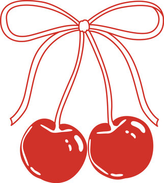 Cherry Pair With Bow Line Art