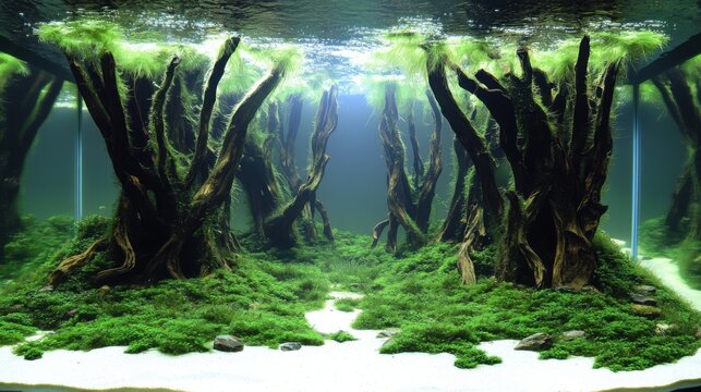 Lush underwater forest with mossy branches and light rays