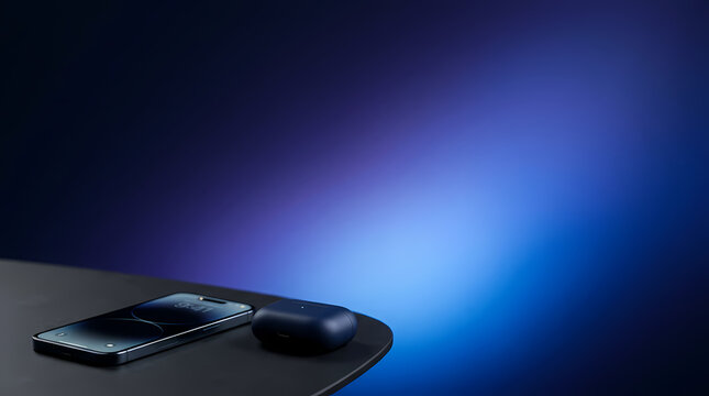 Sleek Modern Smartphone and Wireless Earbud Case on Dark Tabletop with Elegant Midnight Navy and Indigo Blue Background