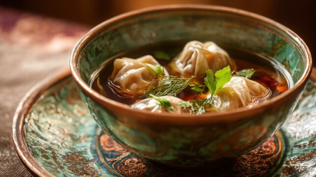Hyperrealistic gourmet food photography, traditional Uzbek chuchvara, delicate meat dumplings in clear aromatic broth, fresh herbs, elegant ceramic