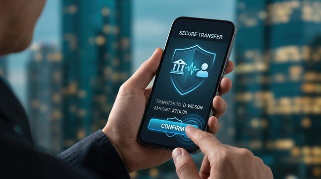 Secure mobile banking application showing money transfer confirmation, person using smartphone for digital payment and financial transaction with shield icon protection.