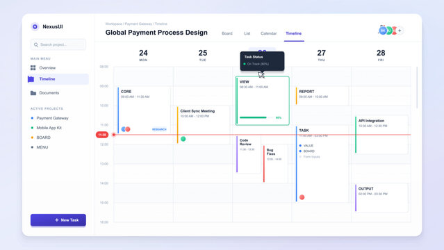 Modern vector project timeline dashboard with sidebar navigation, calendar grid, task cards, status tooltip and progress indicators in a blue theme