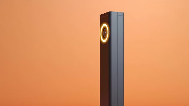 Modern smart doorbell with camera on minimalist orange background