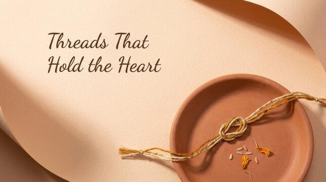 Soft rakhi greeting card with peach paper, clay plate, knotted sacred thread, rice grains, petal accents, soft shadows, and handwritten sibling bond quote for Raksha Bandhan wishes layout design art