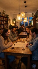 Fototapeta premium Happy Diverse Young Friends Playing Wooden Tabletop Board Game in Cozy Warm Lit Cafe