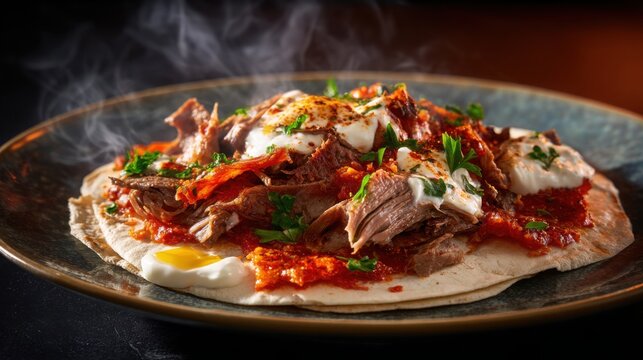 Hyperrealistic gourmet food photography, Turkish iskender kebab, thinly sliced lamb over pita bread, rich tomato sauce and melted butter, creamy