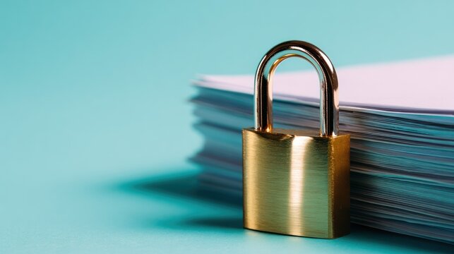 Shiny metallic padlock secures a tall stack of white documents against a cool blue background.