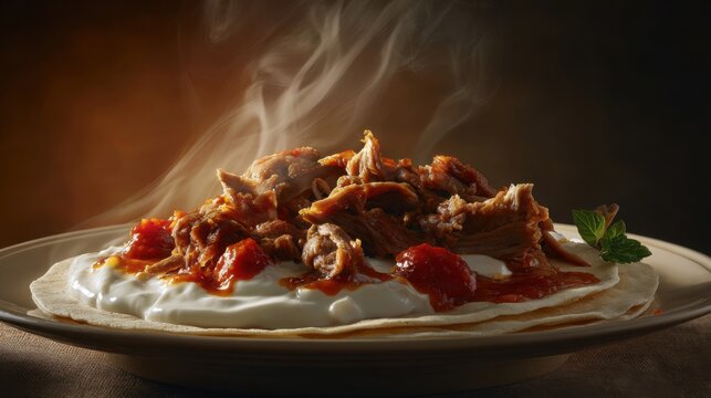 Hyperrealistic gourmet food photography, Turkish iskender kebab, thinly sliced lamb over pita bread, rich tomato sauce and melted butter, creamy