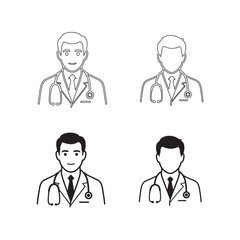 Fototapeta premium Realistic Male Doctor Portrait Icon Set — Smiling and Serious Physician Face with Stethoscope and Tie in Detailed Outline and Dark Tone Vector Style for Medical Profile, Healthcare App, and Hospital W