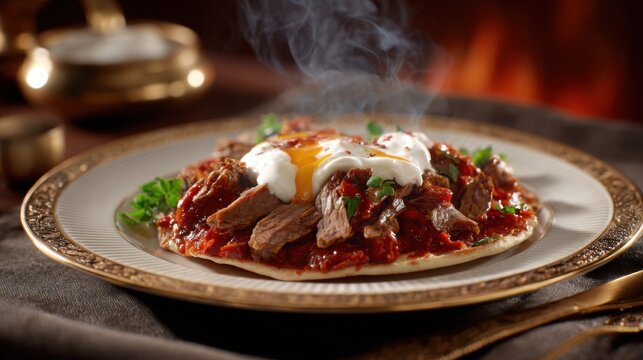 Hyperrealistic gourmet food photography, Turkish iskender kebab, thinly sliced lamb over pita bread, rich tomato sauce and melted butter, creamy
