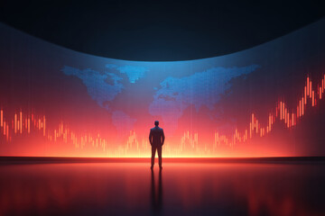 Fototapeta premium Digital stock market business man digital platform world map financial chart global market silhouette red glow blue light