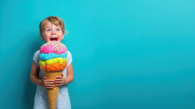 Laughing child holding giant colorful ice cream cone almost as large as , bright turquoise background, vibrant summer energy, ultra realistic