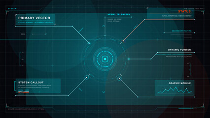 Futuristic HUD interface with central circular telemetry target, glowing cyan callout lines, status panels and dark grid system display. © Антон Сальников